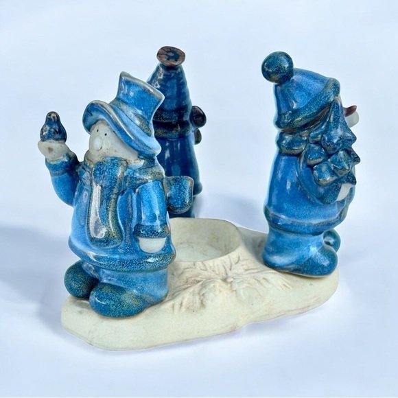 Vintage Other - Vintage Christmas Decor Accents Blue Stoneware Snowman Candle Holder Festive Art
